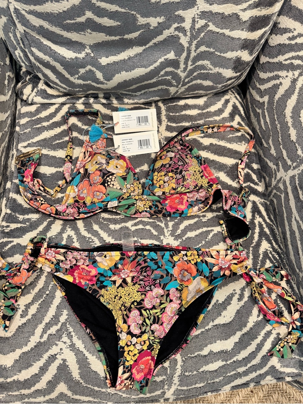 Johnny Was Black with colorful Floral Print Two-Piece Bikini Swimsuit